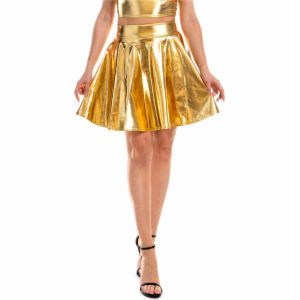 Women Golden Shiny Faux Leather Flared Skirts Silver Off-Shoulder Cropped Tops Sets Party Wear Cheerleader Dance Wear
