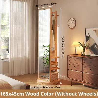 Wooden Rotating Full-Length Dressing Mirror with Storage Shelves Coat Rack & Hooks | Bedroom & Entryway Wardrobe Organizer