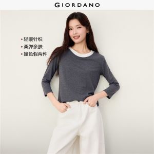 Giordano Women Fake two-piece contrast crewneck 3/4 sleeve tee Free Shipping 05326784