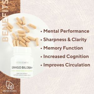 Herbs Of The Earth USA Ginkgo Biloba + 60mg Standardized 6% Terpenes Supports Optimal in Function 60 Capsules