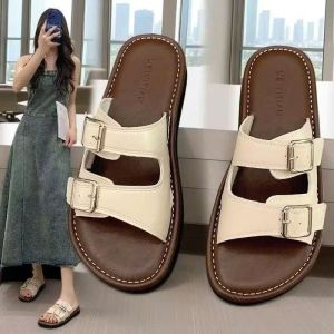 Dép lê nữ 2 khuy da mề đế êm màu đen kem size 35-39 dễ mang êm chân