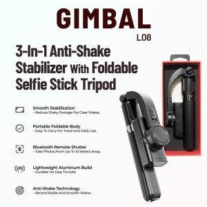 L08 Gimbal Stabilizer | Multi-Function Selfie Stick Tripod | Anti-Shake dengan Remote | Phone Stand untuk iPhone Samsung Huawei