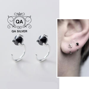 Khuyên tai bạc 925 móc chữ C bông nam nữ đính đá đen trắng S925 Earcuff QA SILVER Earrings EA180405