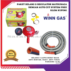 REGULATOR GAS LPG MATSUNAGA SET SELANG PERSONALUX SERAT BAJA 1000 PSI FREE KLEM