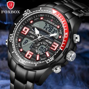 LIGE Sub Brand FOXBOX New Watch For Men Dual Display Stainless Steel Sport Wrist Watch Men Waterproof Date Digital Watch+Box