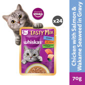 WHISKAS Tasty Mix Adult Cat Wet Food Chicken Salmon and Wakame Seaweed in Gravy 70g (24-Pack)
