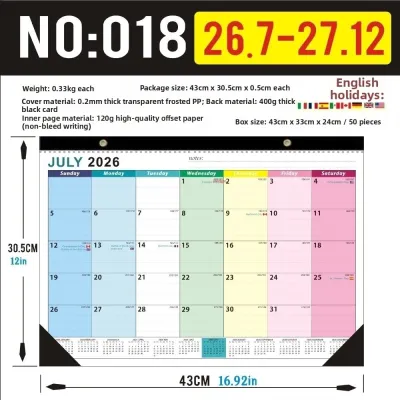 NUBE Thick Paper English Calendar Holidays Marked Hook Hanging 18 Months Calendar Hanging Design July 2026-December 2027 Wall Calendar Office Use
