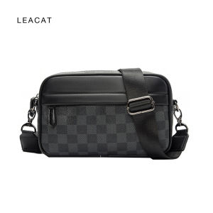 Leacat Sling Bags For Men Black Pu Leather Crossbody Bag Messenger bag Grid Fashion Summer Korean Side Bags