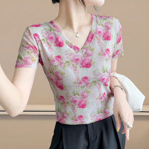 YIMEI เสื้อเชิ้ตลายดอกไม้คอวีแขนสั้นพิมพ์ลายเสื้อผู้หญิงสวยกระชับสัดส่วนสำหรับฤดูร้อนแฟชั่น2025