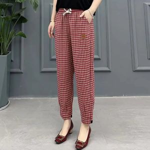 Summer Loose Thin High Waist Fashion Elastic Waist Harem Pants Women Plaid Pocket Drawstring Casual Versatile Straight Trousers