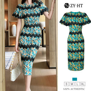 ZY·HT Elegant Lace Dress Female 2024 New French Retro Bubble Sleeve Slim Midi Dress 10359