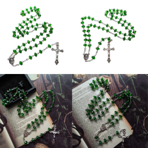 Green Stones Rosary Cross Necklace Christian VirginMary Center Accessories Sweater Chain Church Accessories