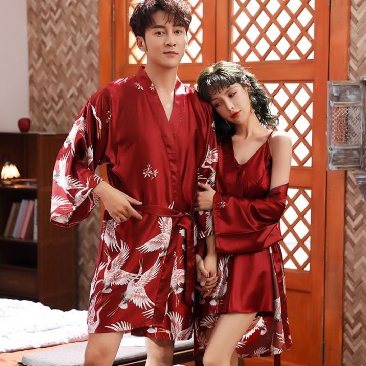 Men Luxury Print Lounge Sleepwear Faux Silk Nightwear Men Comfort Silky