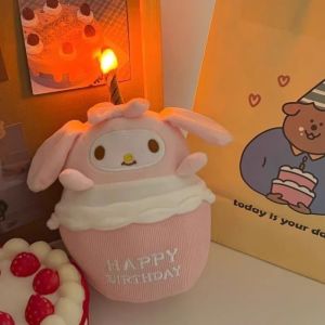 Sanrio Toy Happy Birthday LED Plush Cake Toy Birthday Decoration Props Singing Musical Plush Toy with Glow Candle Melody Cinnamoroll Kuromi Kirby Purin for Kids Gift