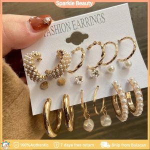 12PCS Retro Pearl Earring Set Crystal Tassel Gold Stud Earrings Fashion Women Jewelry Accessories