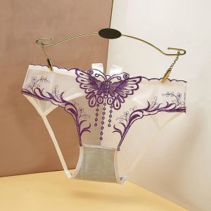 TRANQUIL HUT เอวต่ำเอวต่ำ กางเกงในลูกไม้กลวงมีโบว์ เป้าผ้าฝ้ายเปิด บางและบาง ทองตาข่ายปักผีเสื้อ แฟชั่นสำหรับผู้หญิง ชุดชั้นในชุดชั้นในสตรี กางเกงในตาข่ายดอกไม้โปร่งใส สำหรับผู้หญิง