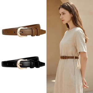 OKDEALS PU Leather Womens Fashion Belt Solid Color Gold Buckle Casual Waist Belt Trend Black Brown Buckle Belt Pants Decoration