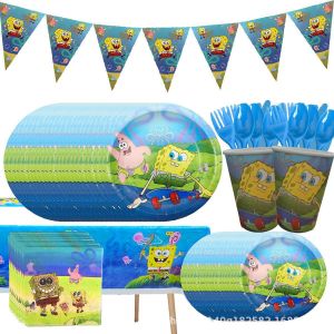 SpongeBob SquarePants ตกแต่งงานเลี้ยงวันเกิด อุปกรณ์ปาร์ตี้โลกใต้น้ำ จานกระดาษ กระดาษทิชชู่ ถ้วยกระดาษ ผ้าปูโต๊ะ กล่องผลไม้