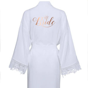 LIGreen Solid Cotton Kimono Bride Bridesmaid Robes with Lace Trim Women Wedding Bridal Robe Bathrobe Sleepwear White