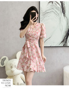 Impression Fashion Store Women Elegant V-neck Floral Short Sleeve High Waist A-line Mini Dress or Bodycon Midi Dress