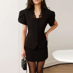 Elegant Fitted Shirts Women V Neck Lace Patchwork Single Breasted Puffy Short Sleeves Solid Blouse Female 2026 Spring New Tops2026