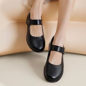 Womens stylish black shoes non-slip and waterproof rubber material Velcro closure slip-on comfortable black shoes suitable for school and office wear all seasons flat black shoes for everyday wear 080523