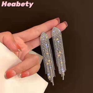 Heabety Long Tassel Full Rhinestone Drop Earrings For Women Ovsize Crystal Dangle Earrings Fashion Jewelry Accessories