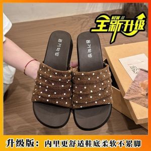 [Free Shipping] 2026 New Style Sandals Featuring A Minimalist Design A Single-Strap Style A Polka Dot Fabric Upper A Wide Band And A Wedge Heel Suitable For Wearing Outdoors
