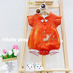 Baby Romper Cheongsam Jumpsuit 2023 Summer Baby Girl Chinese Style Short Sleeve Romper Hundred Days Triangle Crawling Outfit