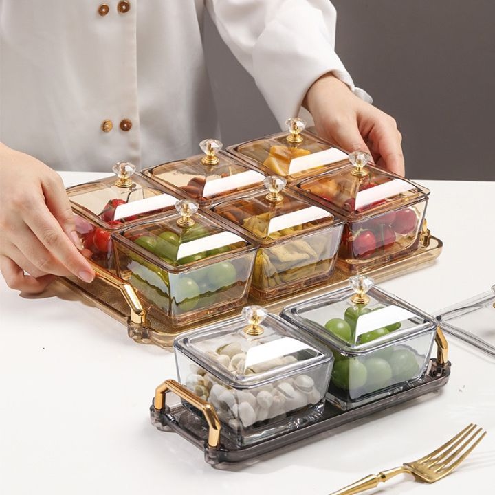 Khay đựng mứt/bánh kẹo, trái cây thuỷ tinh màu hổ phách cao cấp tết ...