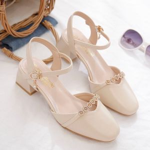 [Free Shipping] Womens high-heeled sandals with closed toe new summer style medium thick heel square toe one-strap buckle trendy Ins style