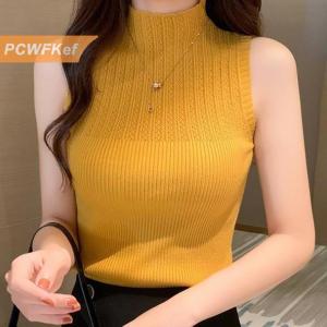 【PCWFKef】 Mùa hè Retro nửa cao Cổ Dệt Kim Tank Top phụ nữ rắn màu không tay mỏng vest