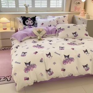 Embroidered Lady Bed Cartoon Sanrio Cute Childrens Washable Kuromi Duvet Cover Brushed Cotton Bed Sheet Four-Piece Set LZD