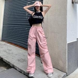 กางเกงคาร์โก้ผู้หญิง กางเกงเอวสูง เอวปรับได้ Y2K ฮาราจูกุ Cargo pants  เอวยืดเยอะ เเมทช์ง่าย กางเกงขายาว ทรงหลวม สาวอวบใส่ได้