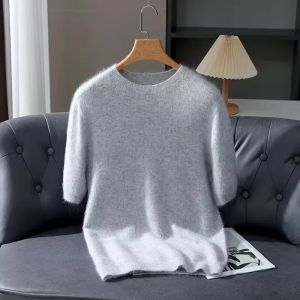100% Mink Cashmere Knitted Short Sleeved Mens Loose Round Neck Solid Color Half Sleeved Simple T-Shirt Casual Business Cashmere2026