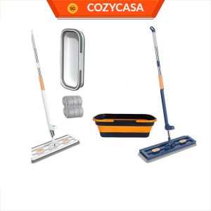 【COZYCASA】Hands-Free Flat Mop with Foldable Bucket Set/42cm Wide Mop Head/No Installation Needed
