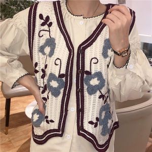 ☀️Groove_grace☀️C508💥พร้อมส่ง💥เสื้อกั๊กไหมพรมถัก ปักลายดอกไม้ สไตล์ย้อนยุค