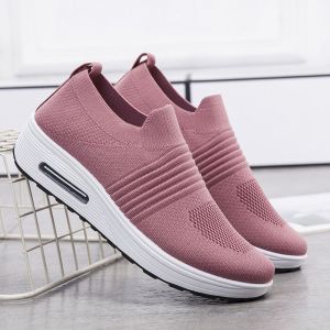 Hot Seller Slip On Air Cushion Women Sneakers On Sale Low Cut Comfortable Light Weight Sport Shoes Fly Woven Casual Black Rubber Jogger Shoes