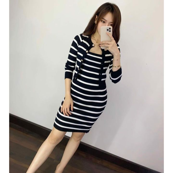 Set 2in1 Dress Cardigan Rajut Salur Pocket Setelan Baju Dan