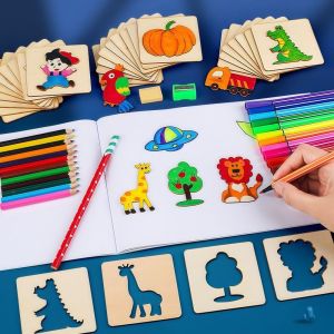 VIVIDI Wooden Kids Drawing Stencils Montessori DIY Drawing Template Fun Durable Graffiti Board Toys Boys Girls Gift