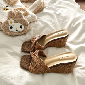 [Free Shipping] Comfortable Summer Footwear: Square-Toe Wedge-Heeled Woven Rattan Beach Sandals Soft And Perfect For A Relaxing Vacation
