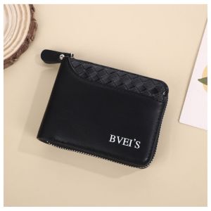 Mens Short Bifold Wallet Zipper Coin Pocket Woven Pattern Card Holder