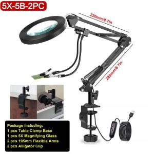NEWACALOX LED 5X Magnifier USB Lamp Table Clamp Soldering Helping Third Hand Soldering Station 2pcs Flexible Arms Welding Tool