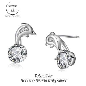 TATA Silver 92.5 Geniune Italy Silver New Elegant Studded Dolphin Stud Earrings For Women Er - 164