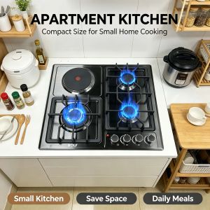 ROLF 4 Burner Built-in Gas Hob 60CM Color Steel Panel 3 Gas Burners + 1 Electric Hot Plate Automatic Pulse Ignition Flame Out Safety Protection Heavy Duty Cast Iron Grate Easy Clean Gas Stove For Filipino Home Kitchen