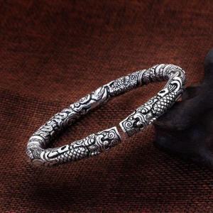 Old Jiumen style double-ring double-tap handle bracelet for men and women vintage distressed imitation Thai silver open-ended couples bracelet Chinese style