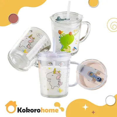 KOKORO Children Milk Cup Hot / Iced Water Cups Cartoon Glass Mug 400ML Glass Drinking Cup with Straw Kanak-Kanak Susu Cup Air Cawan Kartun Cawan Kaca Minum 儿童牛奶杯热/冰水杯吸管卡通玻璃杯
