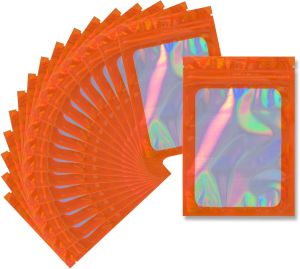 100 Pack Mylar Bags - 2.8 x 4 Inch Resealable Smell Proof Bags Foil Pouch Flat Bag with Front Window Orange