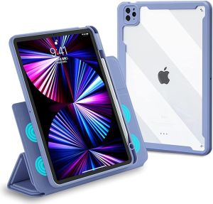 MD iPad Pro 12.9 inch 6th 2022/5th 2021 Gen Case with Clear Acrylic Inner and Magnetic Detachable Folio Front Cover for 12.9 Inch 2020 4th Gen/2018 3rd Auto Sleep/Wake Pencil Holder Purple