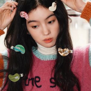 CURIO12 ความเป็นเด็ก กิ๊บติดผมรูปหัวใจ tagi สไตล์เกาหลีแบบ Y2K กิ๊บเม็ดมะม่วงหิมพานต์พลอยเทียม วินเทจ ลายสก็อต คลิปปากเป็ดกรดอะซิติก สาวๆ